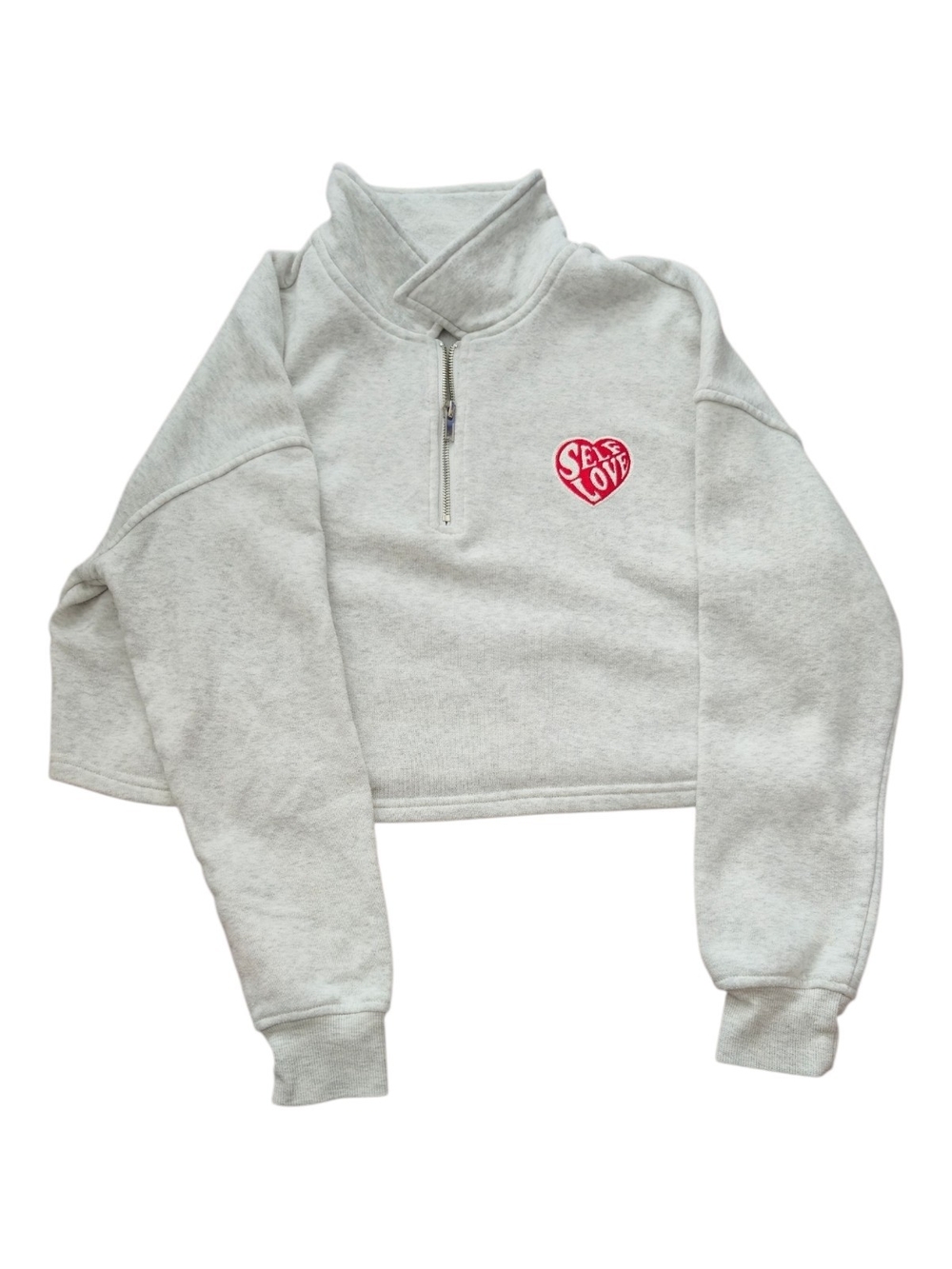 Self Love Grey Cropped Quarter-Zip Sweatshirt By Angel Kiss - Women's Large